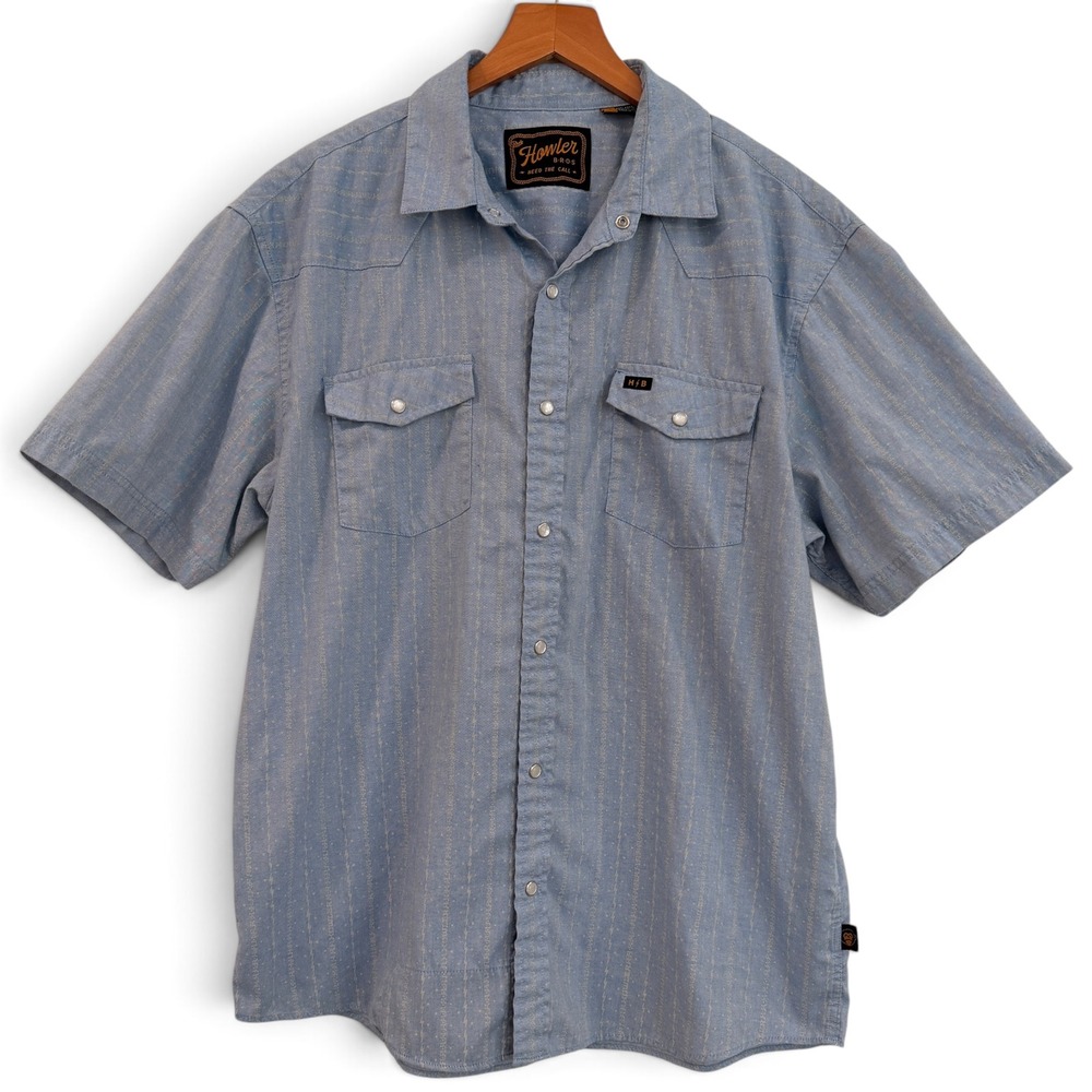 Howler Brothers Mens Gaucho Snap Shirt Blue Lightning Bolt Stripe Western Large